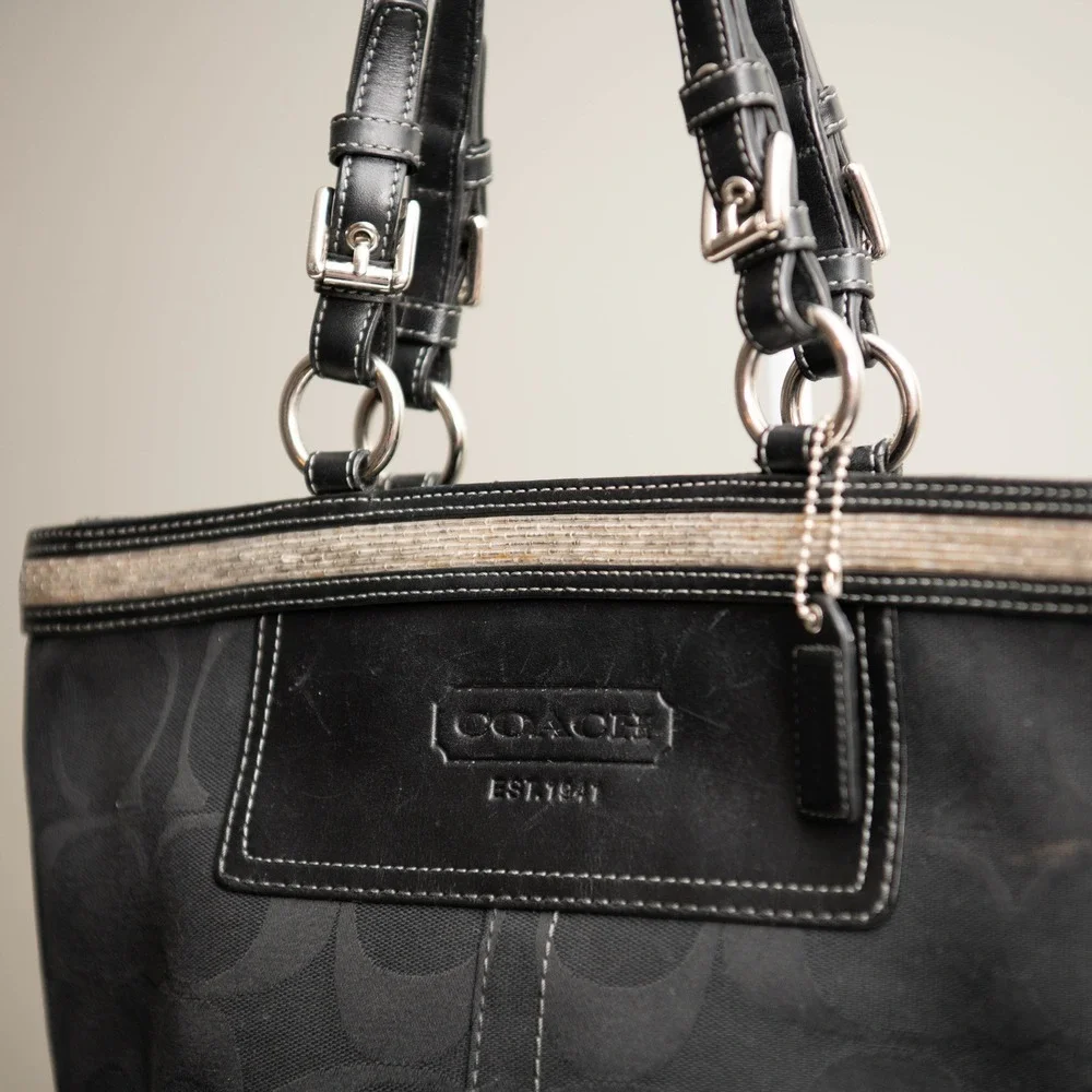 Vintage COACH Monogram Black‎ Canvas Leather Beaded Trim Y2K Black Shoulder Bag